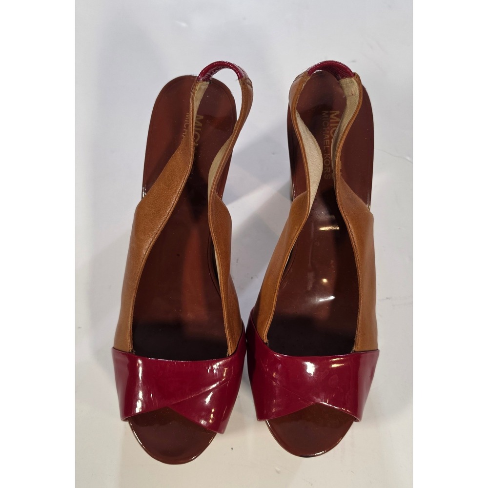 Michael Kors Tan Leather Red Patent Platform Slingback Sandals Heels Size 8M